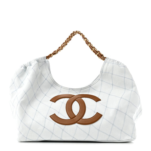 Denim Calfskin Quilted Coco Beach Small Shopping Tote Light Blue Brown
