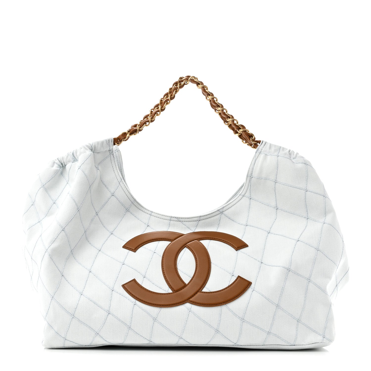 Chanel Denim Calfskin Quilted Coco Beach Small Shopping Tote Light Blue Brown 1 of 12
