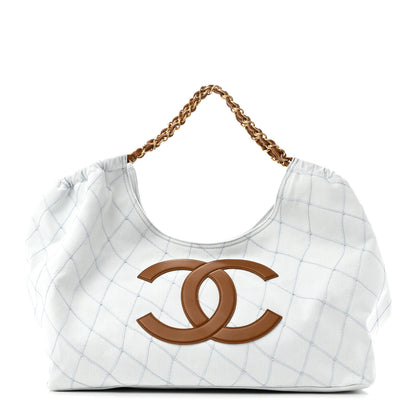 Chanel Denim Calfskin Quilted Coco Beach Small Shopping Tote Light Blue Brown 1 of 12