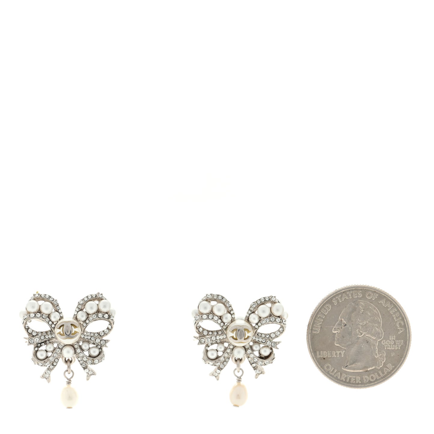 Crystal Pearl Bow CC Earrings Silver
