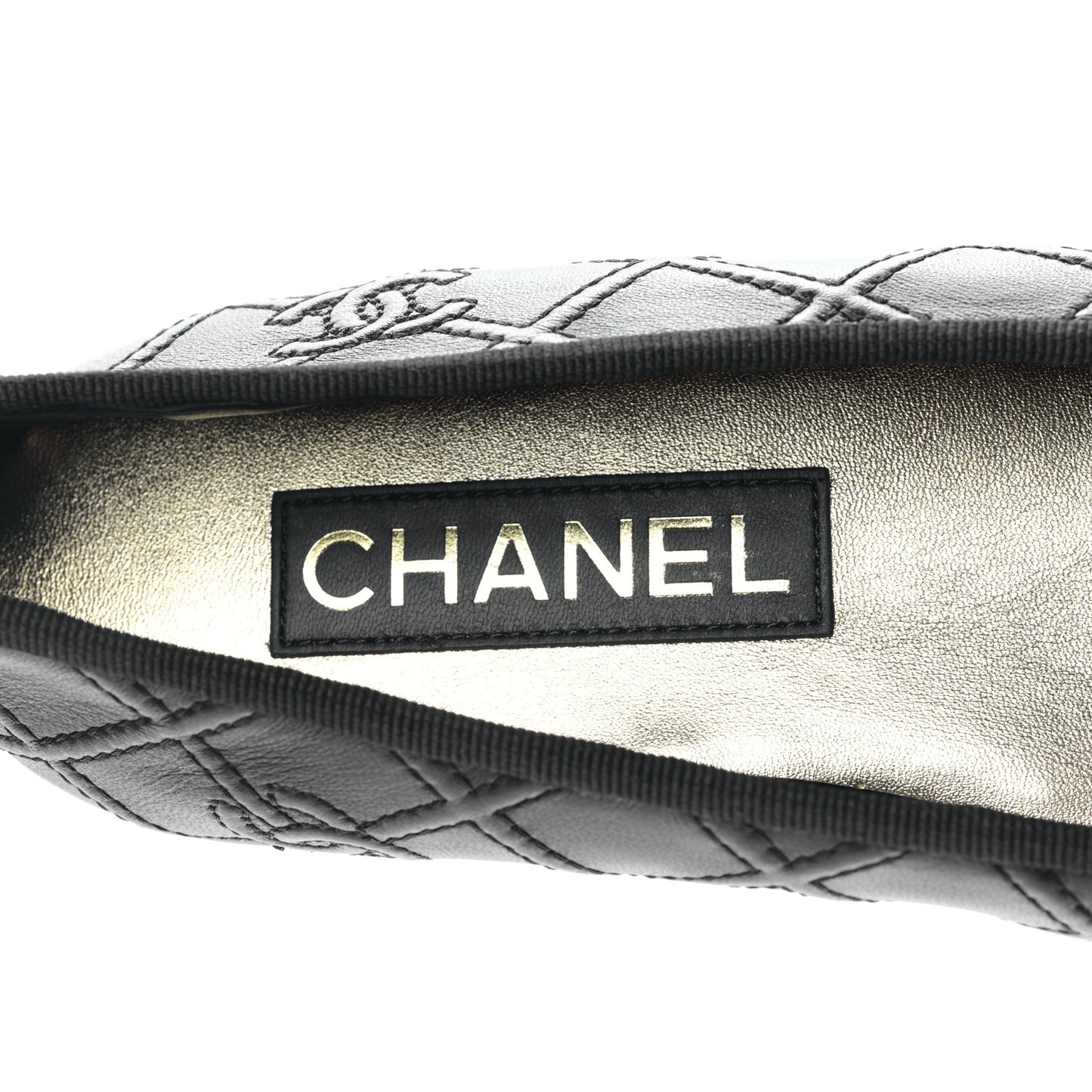 Lambskin Patent Double Stitched CC Cap Toe Ballerina Flats 38.5 Black