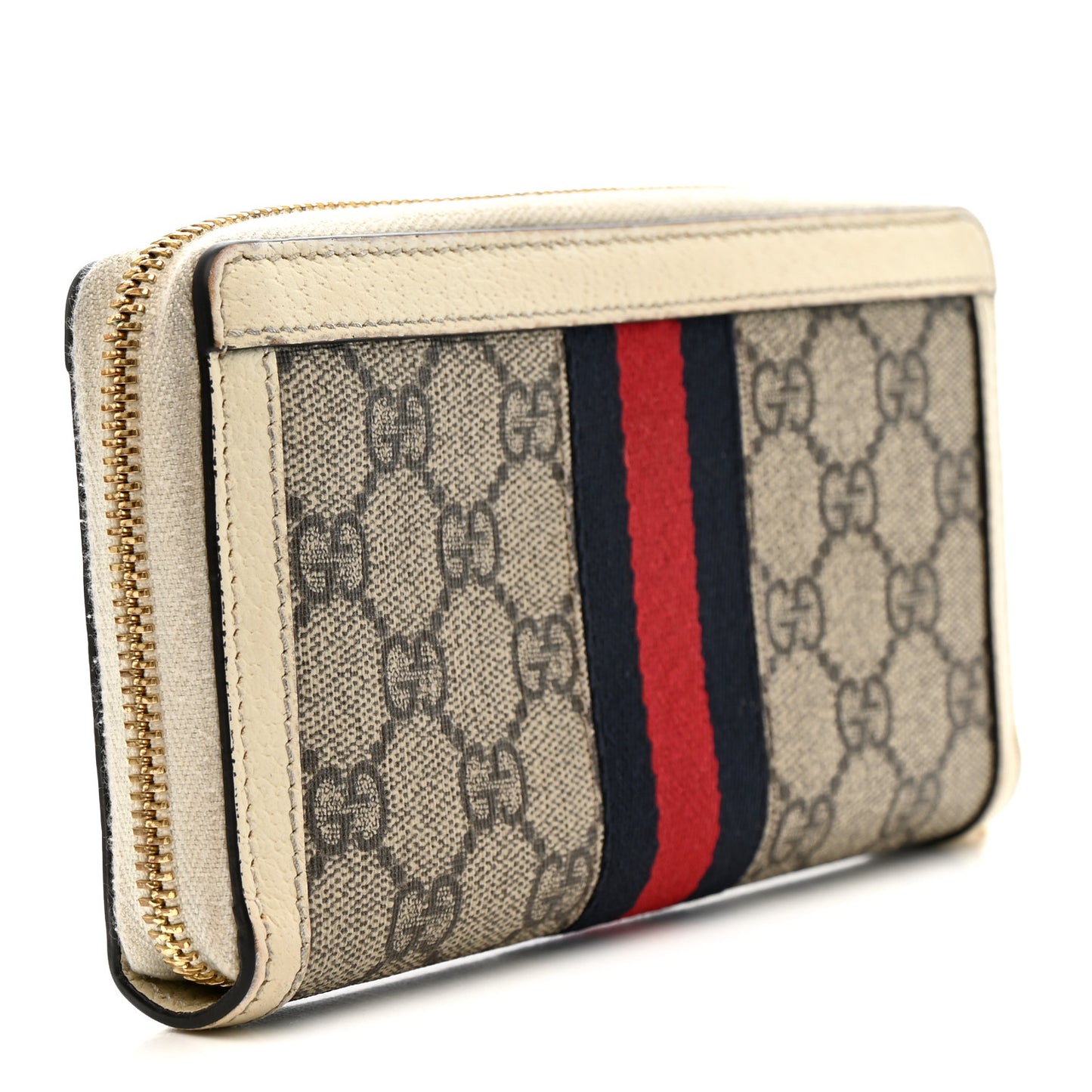 GG Supreme Monogram Textured Dollar Calfskin Web Ophidia Zip Around Wallet Beige Ebony Mystic White