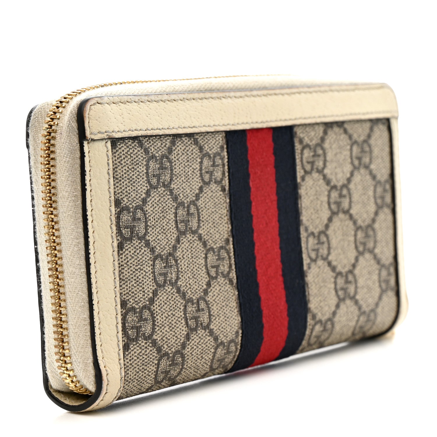 Gucci GG Supreme Monogram Textured Dollar Calfskin Web Ophidia Zip Around Wallet Beige Ebony Mystic White 3 of 13