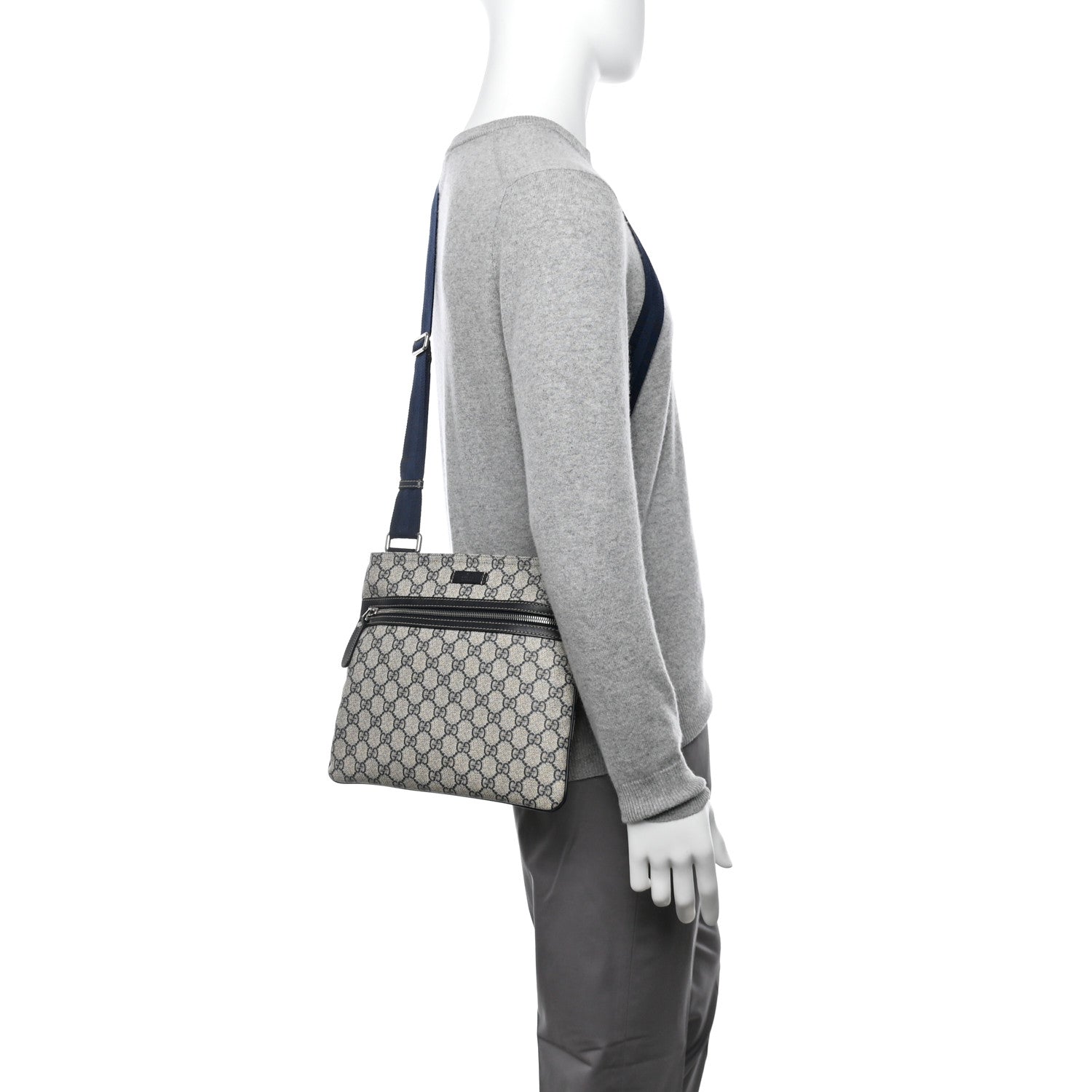 Gucci GG Supreme Monogram Small Flat Side Zip Messenger Bag Beige Blue 2 of 11