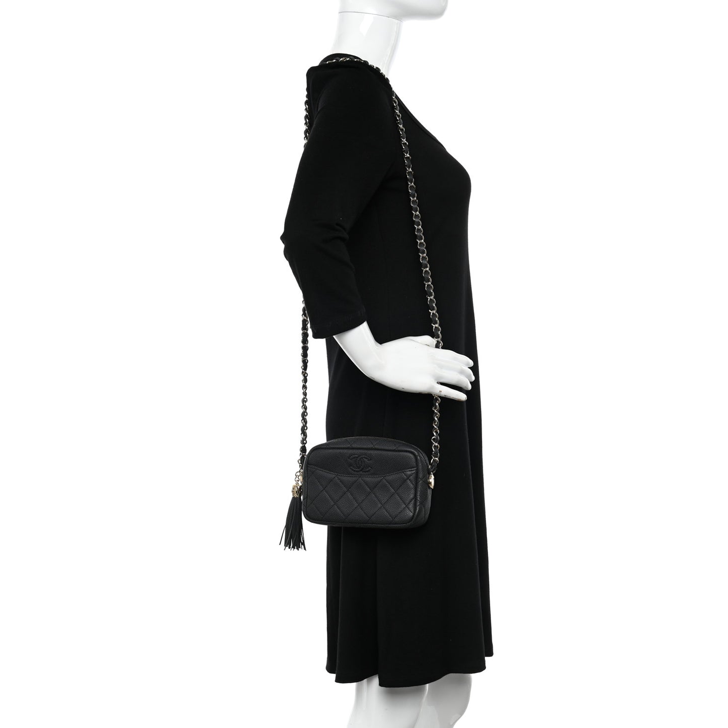 Iridescent Caviar Quilted Mini Coco Tassel Camera Case Black