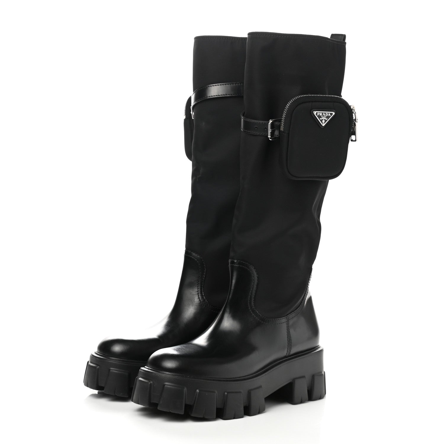 Prada Spazzolato Rois Re-Nylon Metal Triangle Logo Monolith Pouch Pocket 55mm Tall Boots 39.5 Black 3 of 8