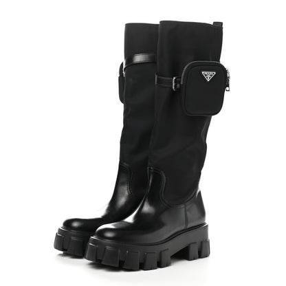 Prada Spazzolato Rois Re-Nylon Metal Triangle Logo Monolith Pouch Pocket 55mm Tall Boots 39.5 Black 3 of 8