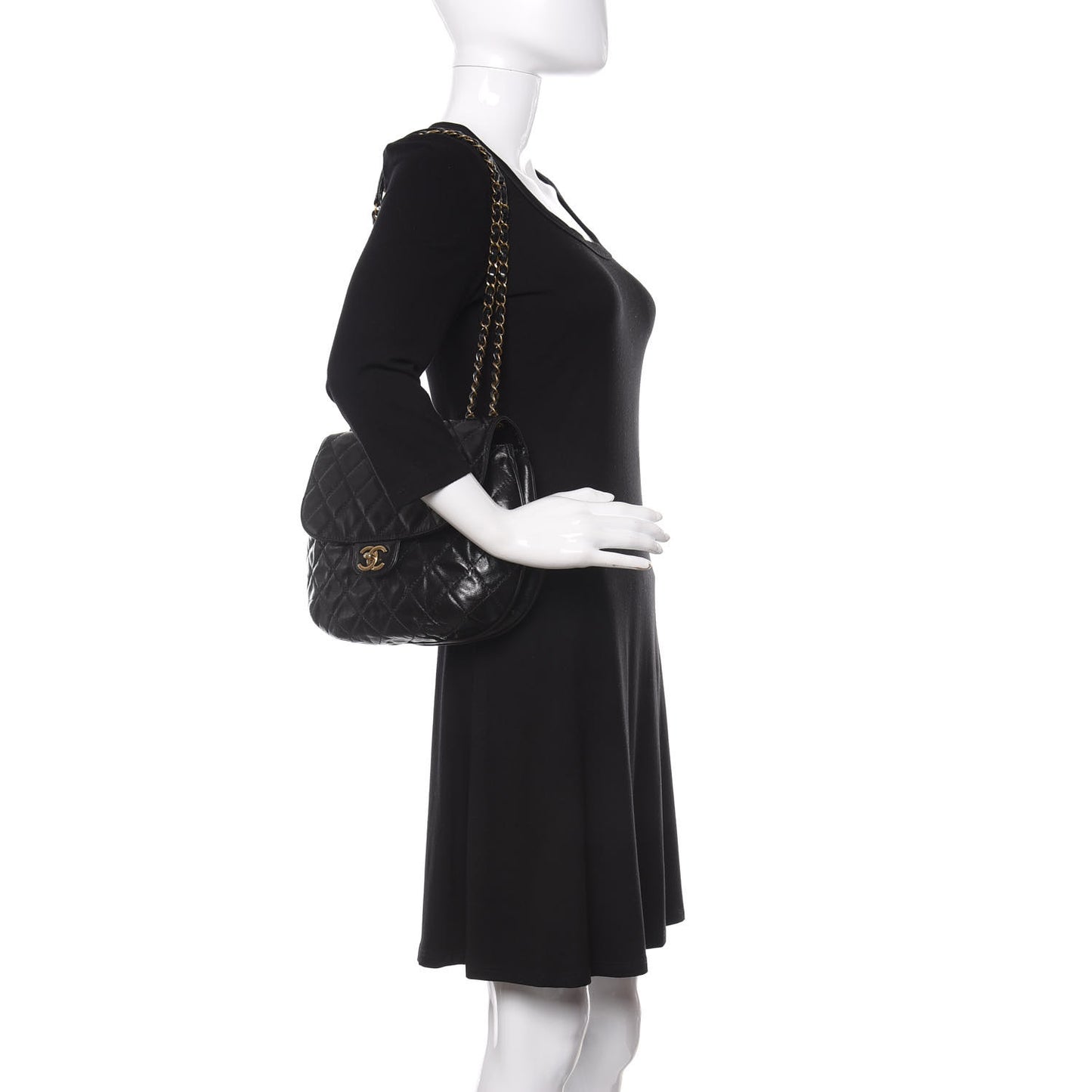 Glazed Calfskin Quilted Medium Bubble CC Flap Black