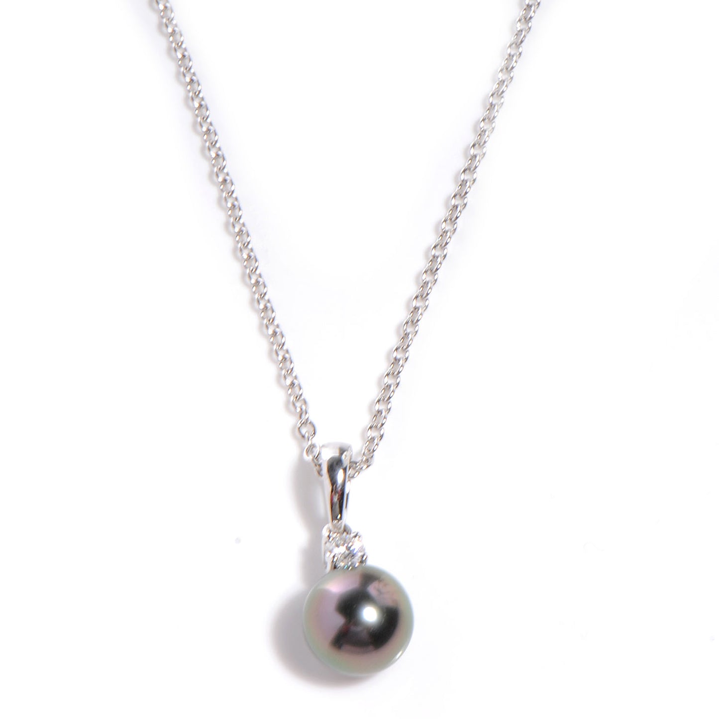 18k White Gold Diamond Black South Sea Pearl Pendant Necklace