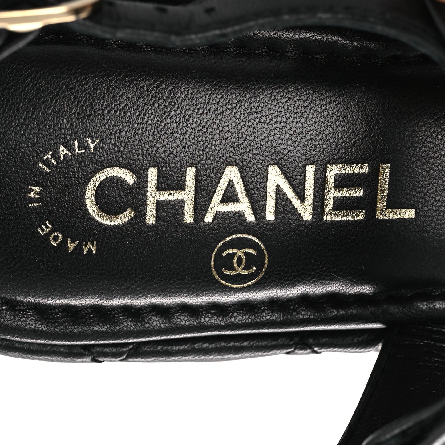 Lambskin Quilted Chain CC Platform Sandals 38 Black
