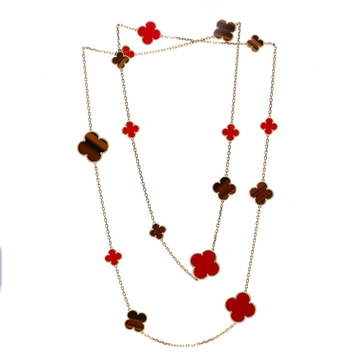 18K Yellow Gold Tiger Eye Carnelian 16 Motifs Magic Alhambra Necklace