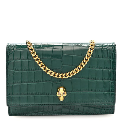 Alexander McQueen Calfskin Crocodile Embossed Skull Mini Crossbody Bag Green 1 of 9