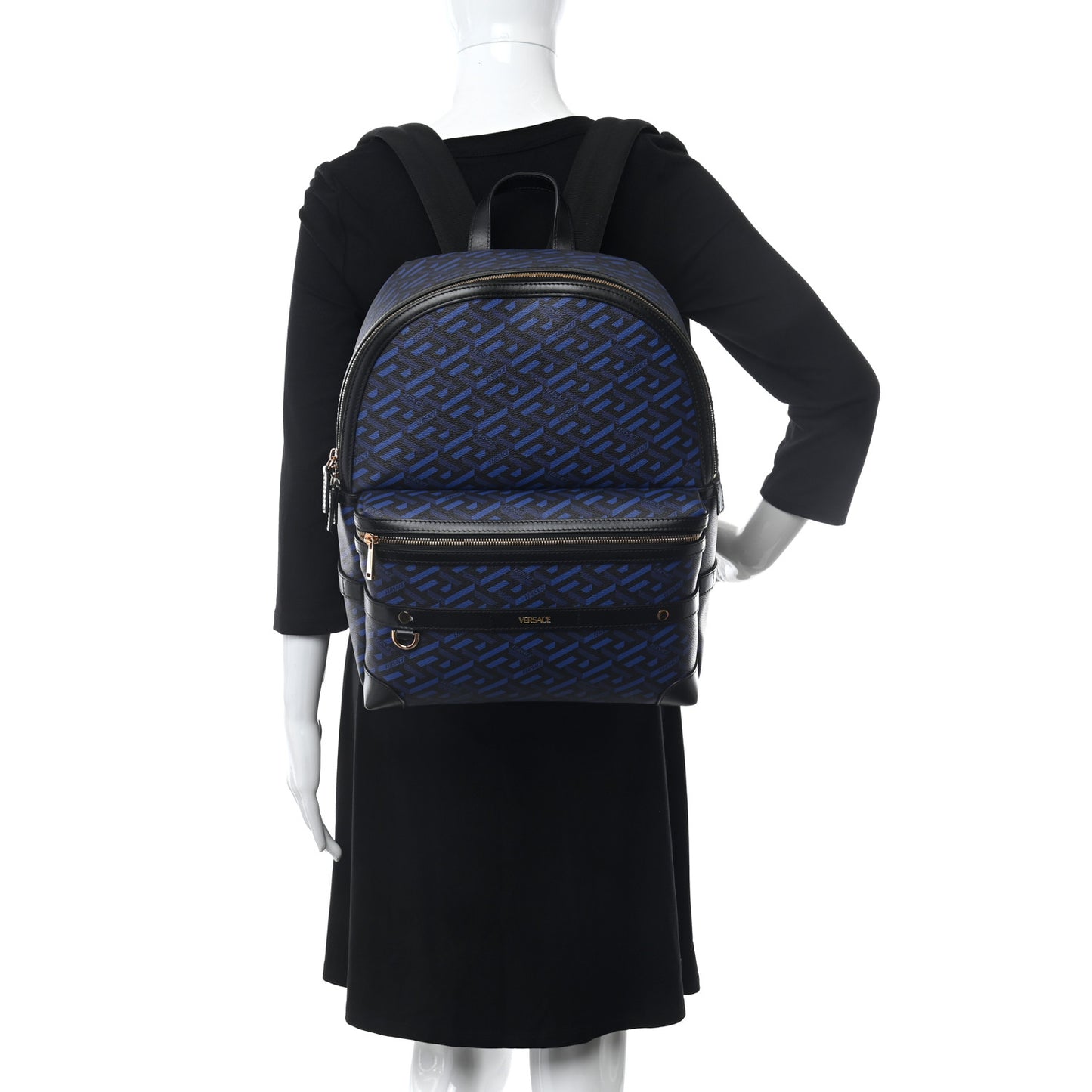 Coated Canvas Calfskin La Greca Signature Backpack Black Blue