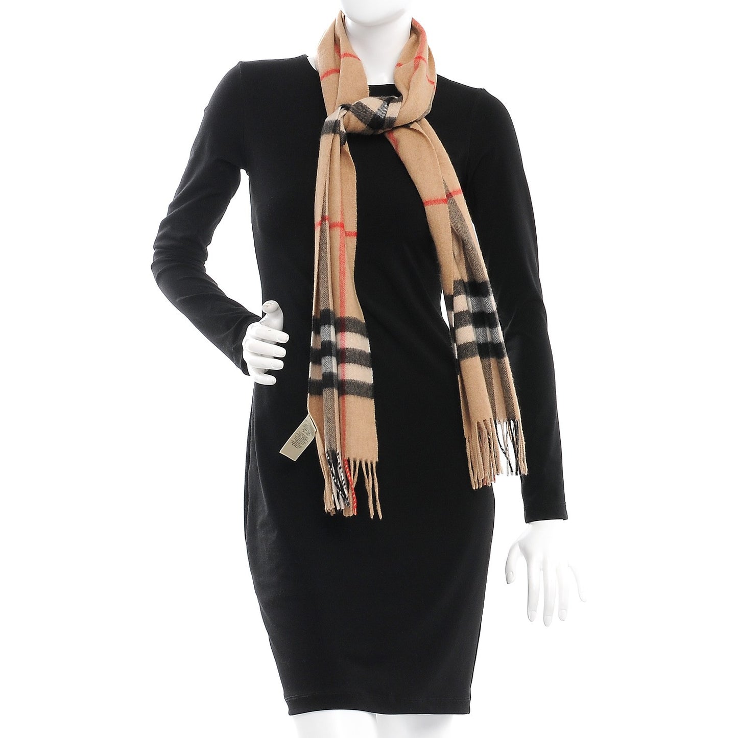 Cashmere Giant Check Fringe Scarf Camel