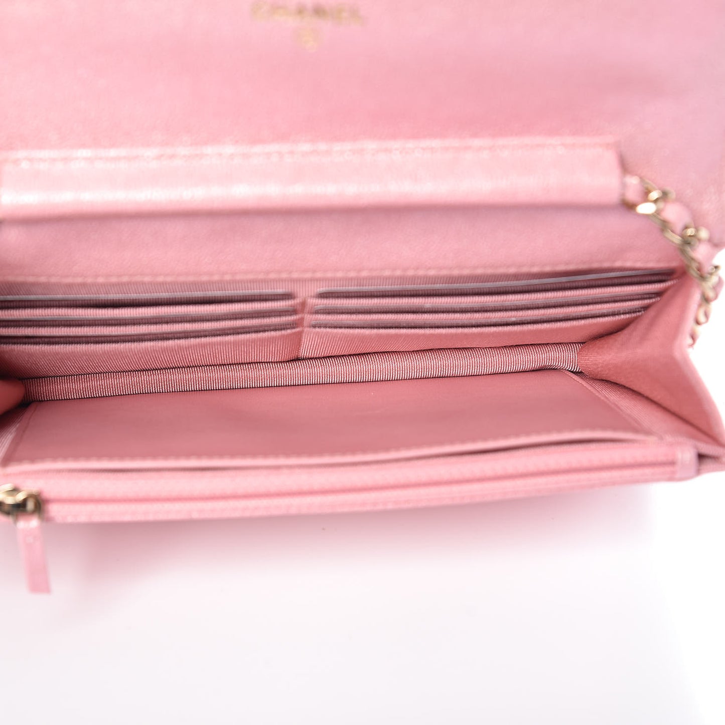 Iridescent Caviar Quilted Wallet on Chain WOC Rose Pink