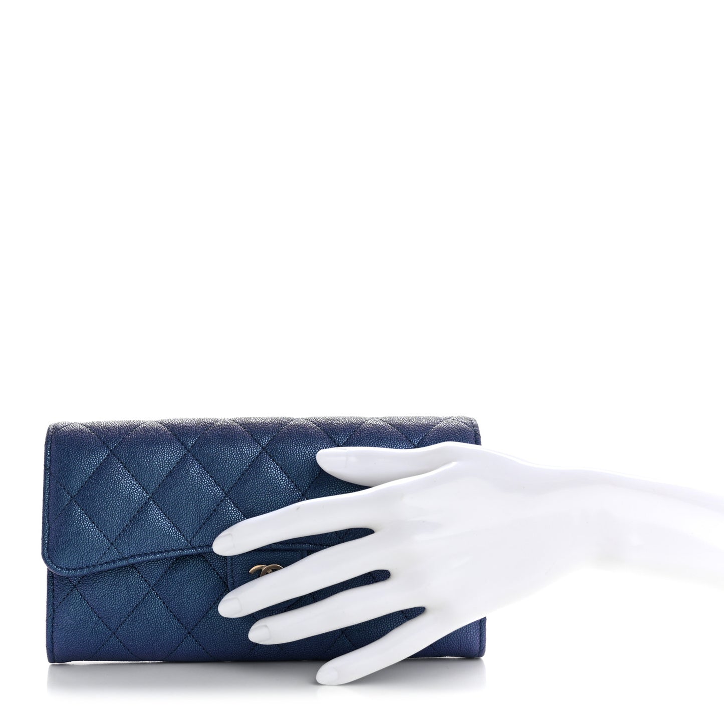 Iridescent Caviar Quilted Large Gusset Flap Wallet Dark Blue