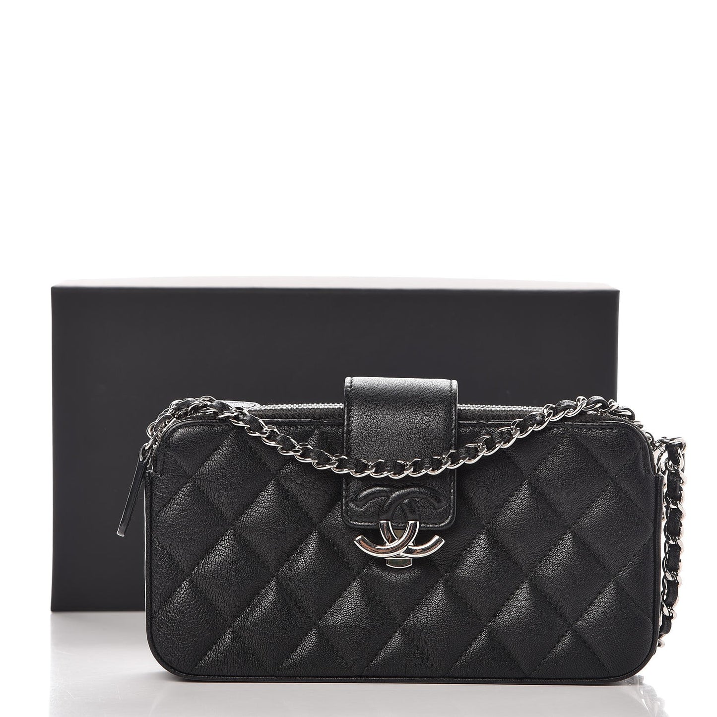 Lambskin Quilted CC Box Clutch With Chain Black
