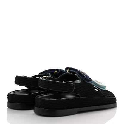 Chanel Knit Fabric Velcro Dad Sandals 38 Black Dark Blue Light Blue 4 of 9