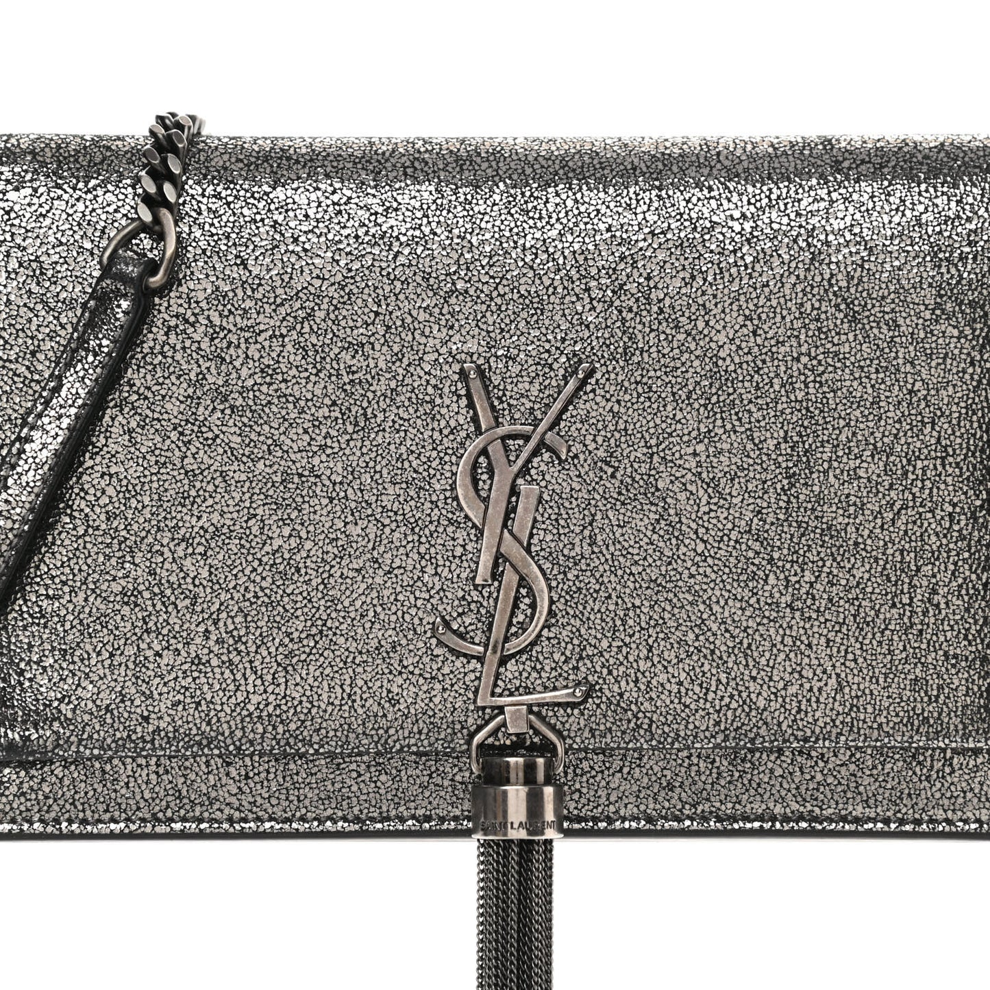 Metallic Calfskin Classic Monogram Kate Tassel Chain Wallet Gun Metal