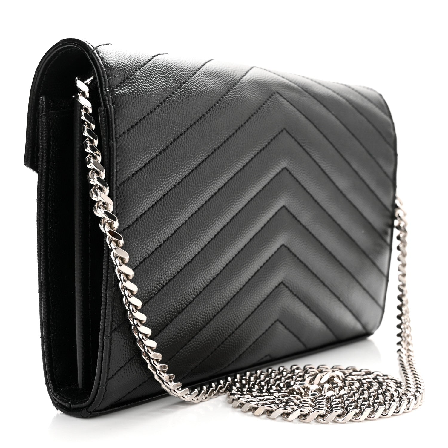Saint Laurent Grain De Poudre Matelasse Chevron Monogram Chain Wallet Black 2 of 10