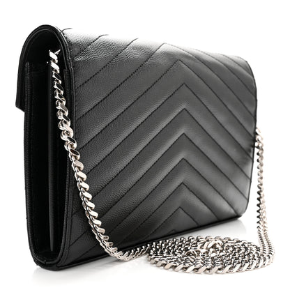 Saint Laurent Grain De Poudre Matelasse Chevron Monogram Chain Wallet Black 2 of 10