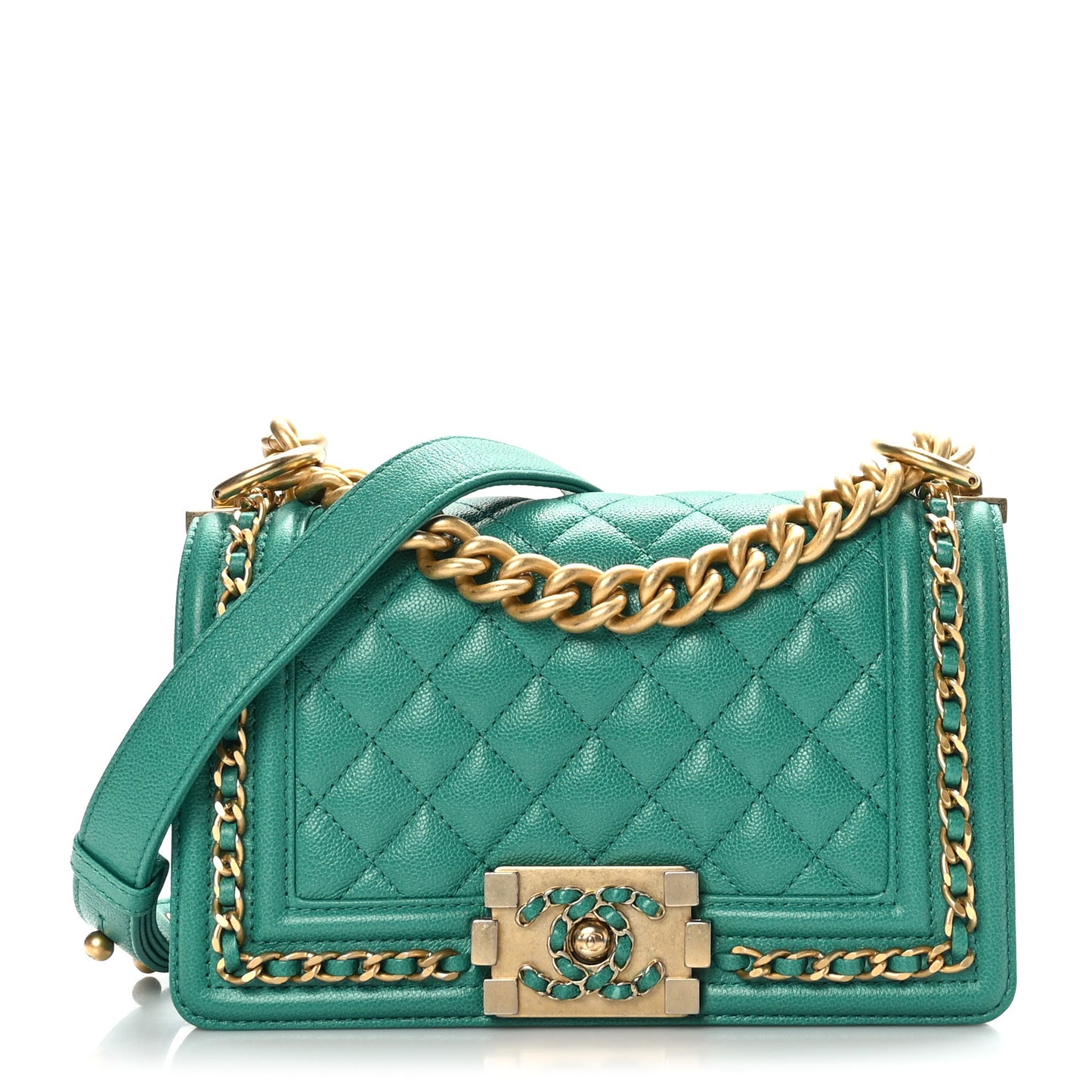 Caviar Quilted Small Chain Around Boy Flap Green