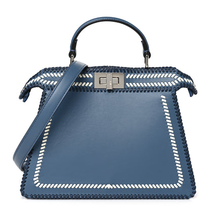 Fendi Vitello Grace Shiny Nappa Helix Woven Small Peekaboo I SEE U Satchel Mirto Dark Blue White Ice 1 of 8