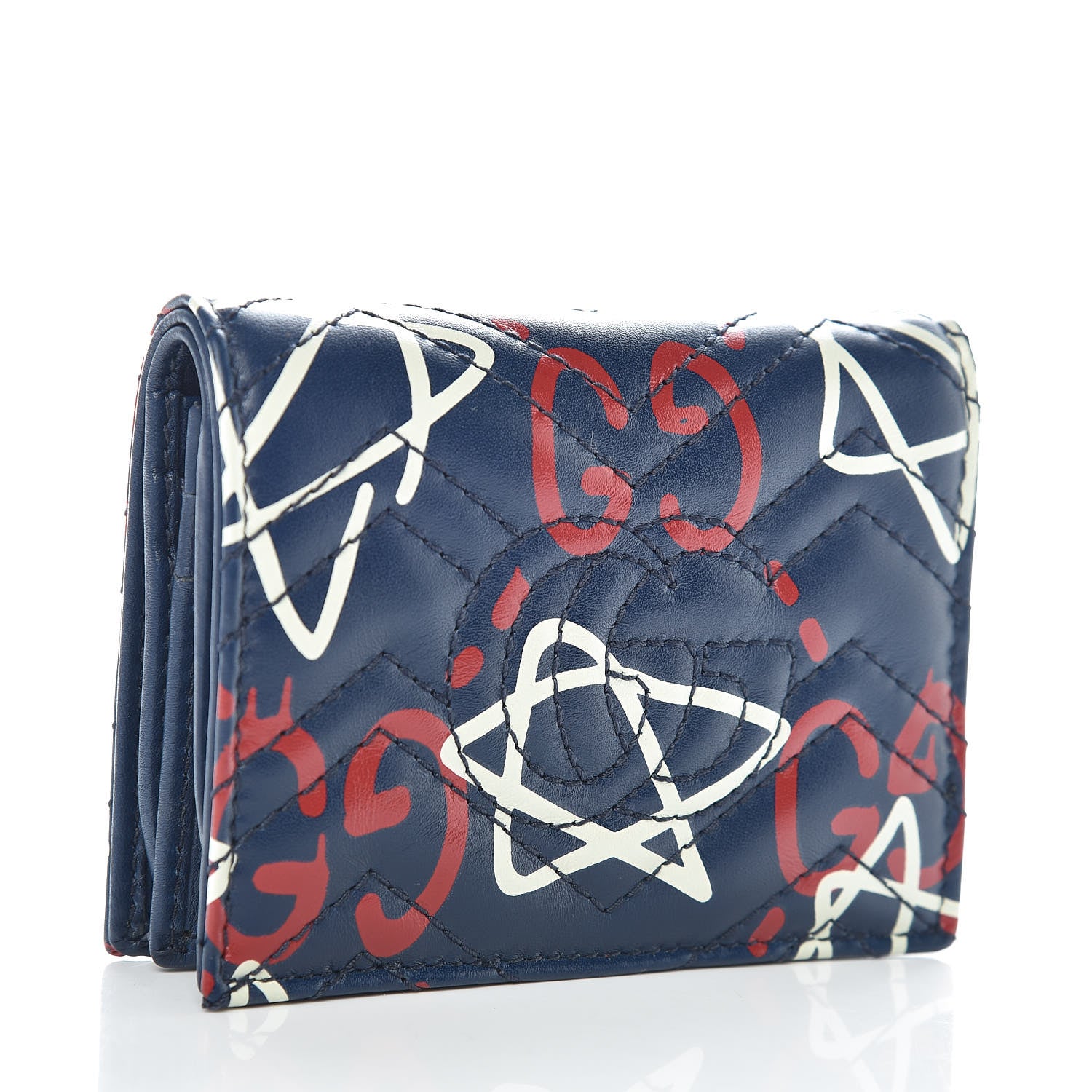 Gucci Calfskin Matelasse GucciGhost GG Marmont Card Case Blue Agata Hibiscus Red 3 of 8