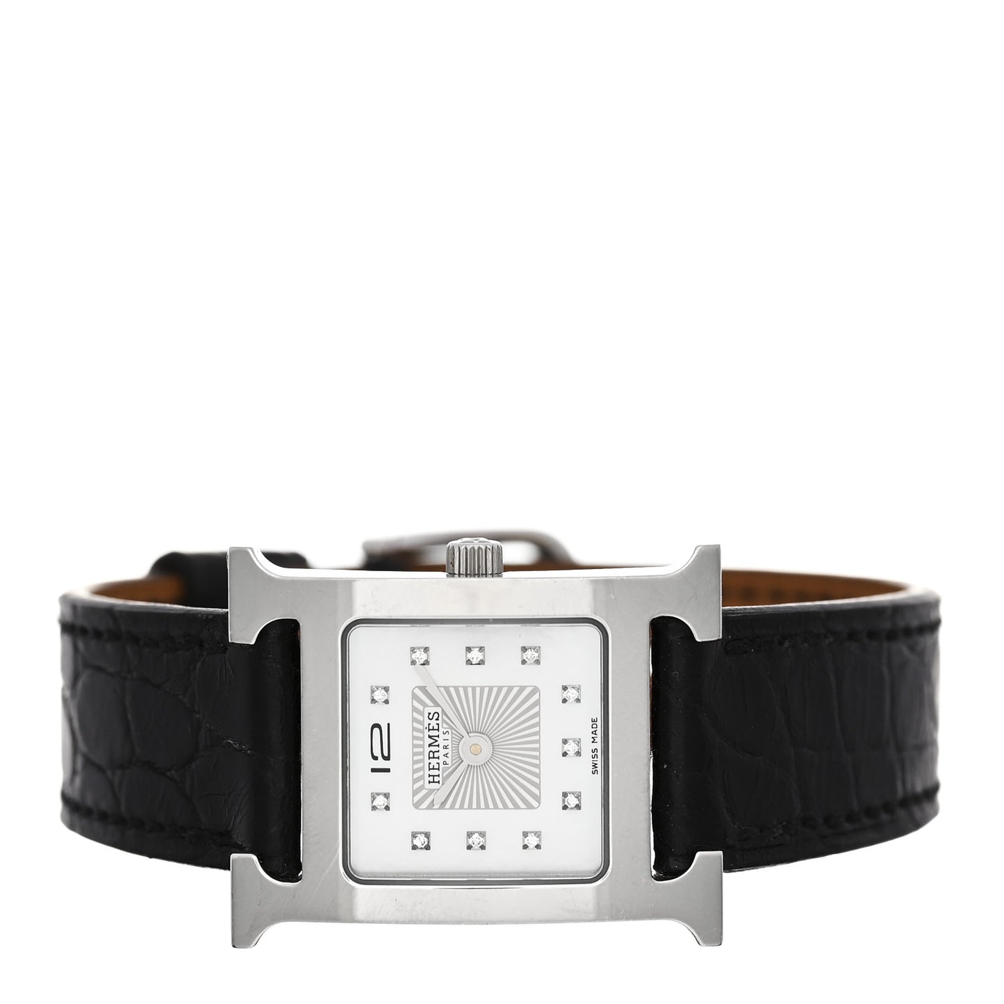 Stainless Steel Alligator Diamond Mother of Pearl 21mm Heure H Hour Quartz Watch Noir