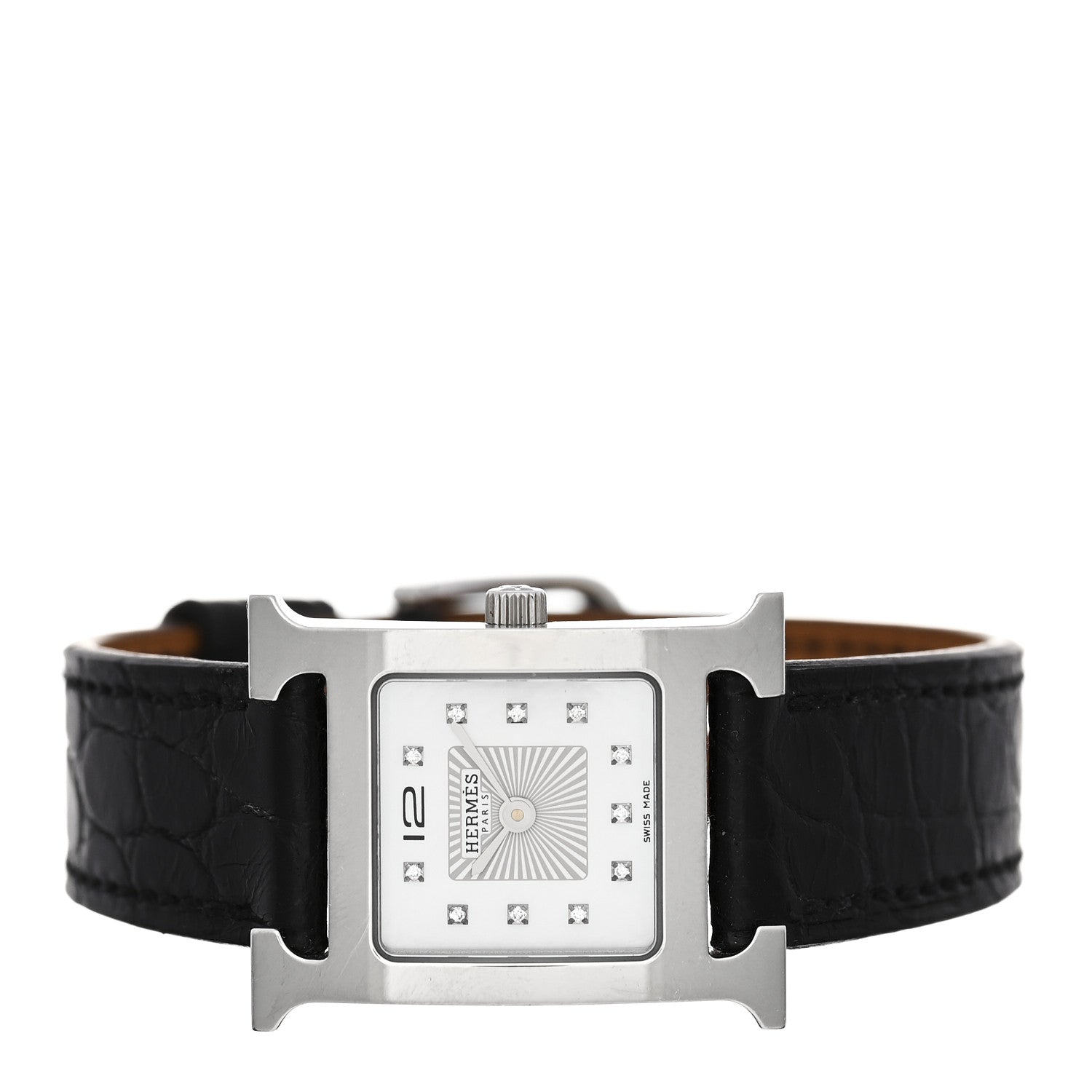 Hermes Stainless Steel Alligator Diamond Mother of Pearl 21mm Heure H Hour Quartz Watch Noir 2 of 4