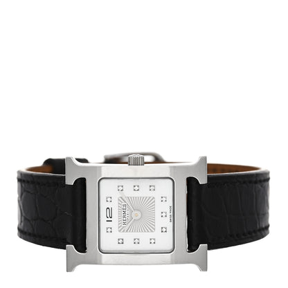 Hermes Stainless Steel Alligator Diamond Mother of Pearl 21mm Heure H Hour Quartz Watch Noir 2 of 4