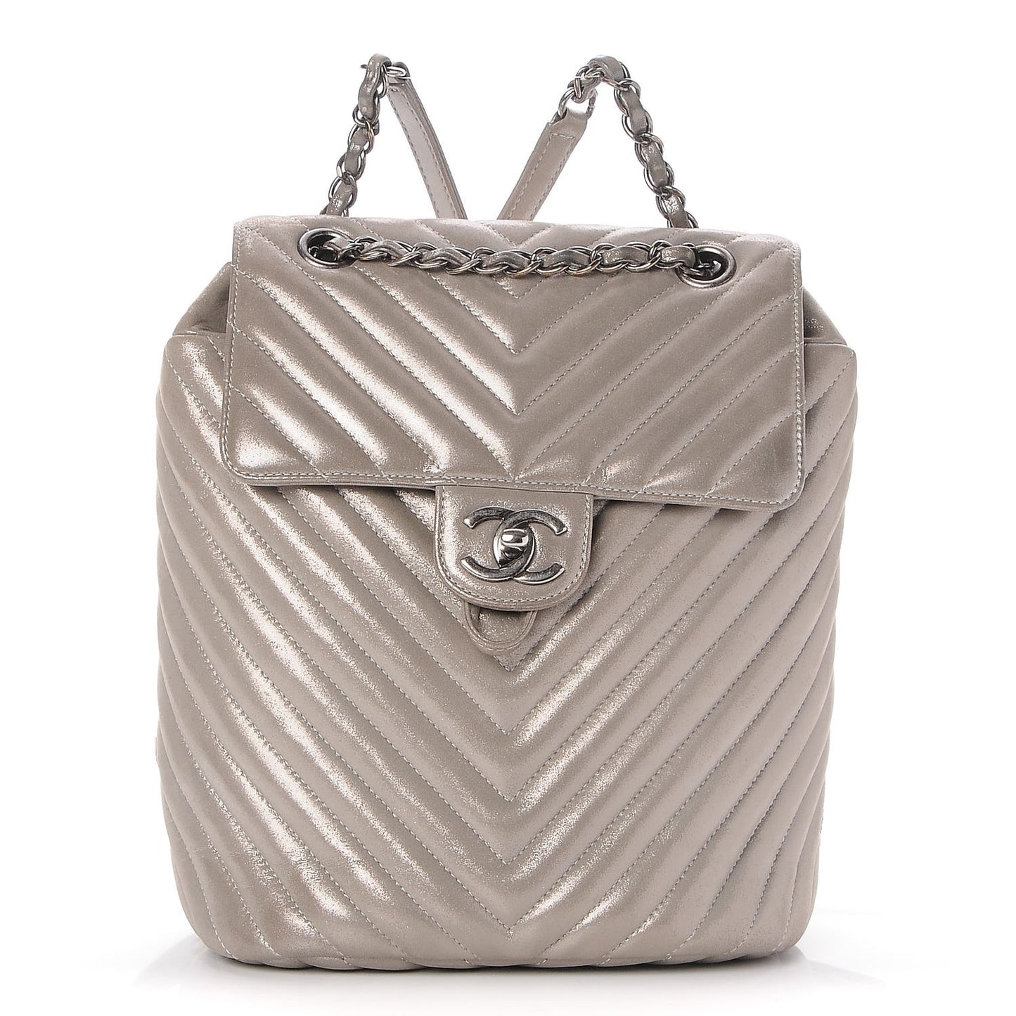 Metallic Calfskin Chevron Quilted Small Urban Spirit Backpack Silver