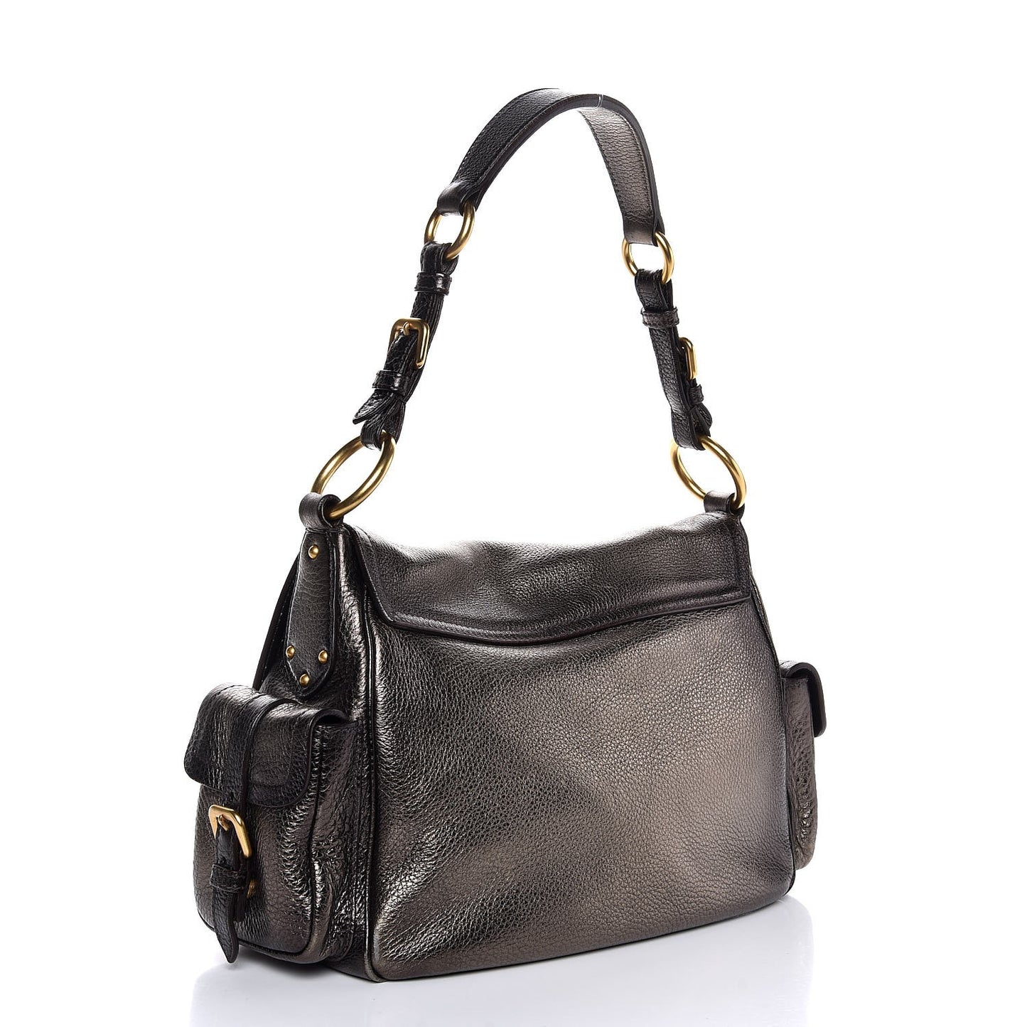 Metallic Vitello Daino Shoulder Flap Bag Piombo