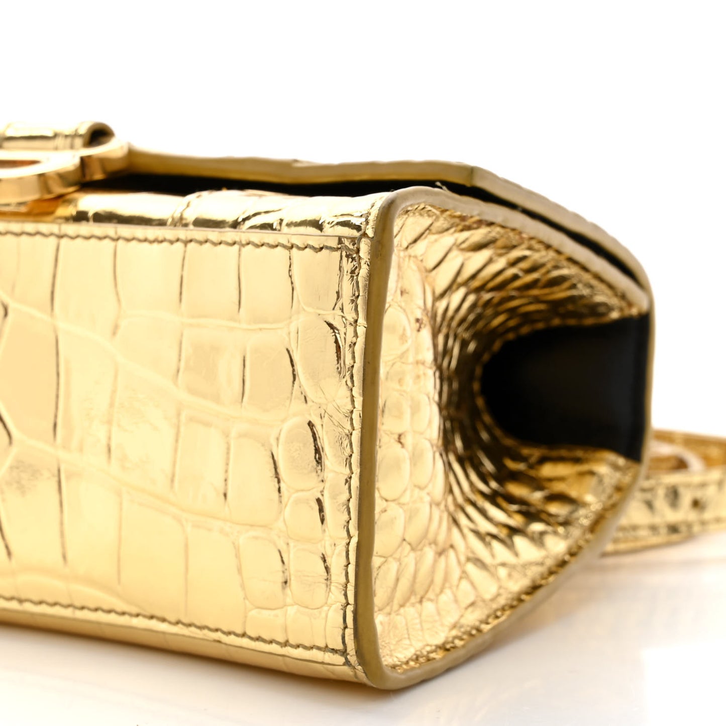Metallic Calfskin Crocodile Embossed Hourglass Top Handle Bag XS Gold