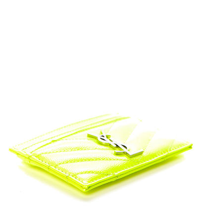 Saint Laurent Patent Grain De Poudre Matelasse Chevron Monogram Credit Card Case Neon Yellow 4 of 8