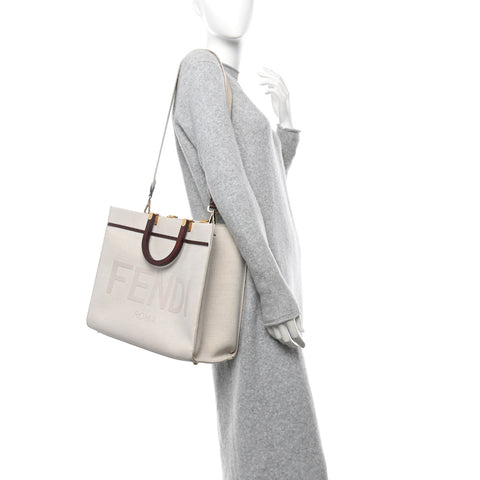 Canvas Vitello King Logo Embroidered Medium Fendi Sunshine Shopper Tote Grezzo Ghianda