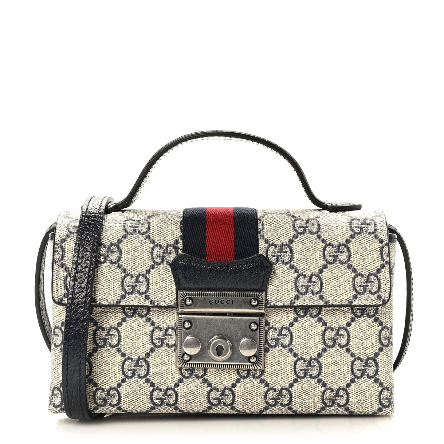 GG Supreme Monogram Textured Dollar Calfskin Web Mini Padlock Top Handle Shoulder Bag Beige Blue