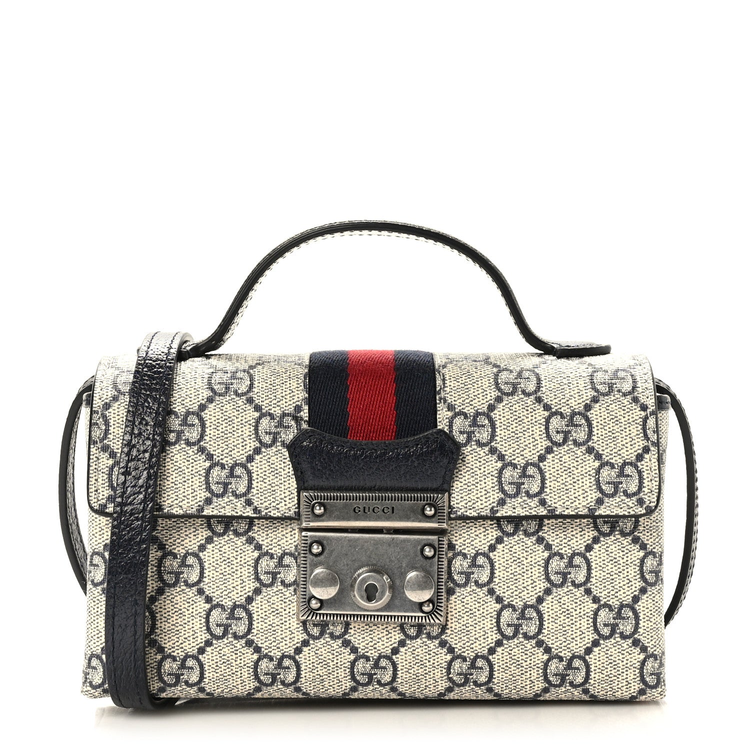 Gucci GG Supreme Monogram Textured Dollar Calfskin Web Mini Padlock Top Handle Shoulder Bag Beige Blue 1 of 9