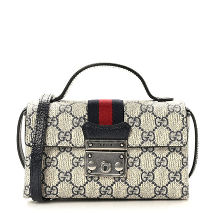 Gucci GG Supreme Monogram Textured Dollar Calfskin Web Mini Padlock Top Handle Shoulder Bag Beige Blue 1 of 9