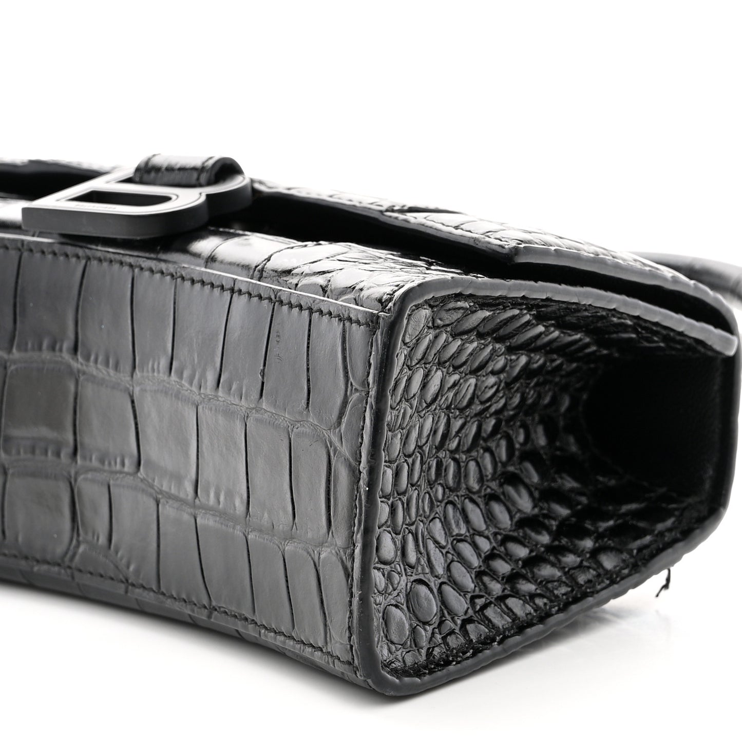 Shiny Calfskin Monochrome Crocodile Embossed Hourglass Top Handle Bag XS Black