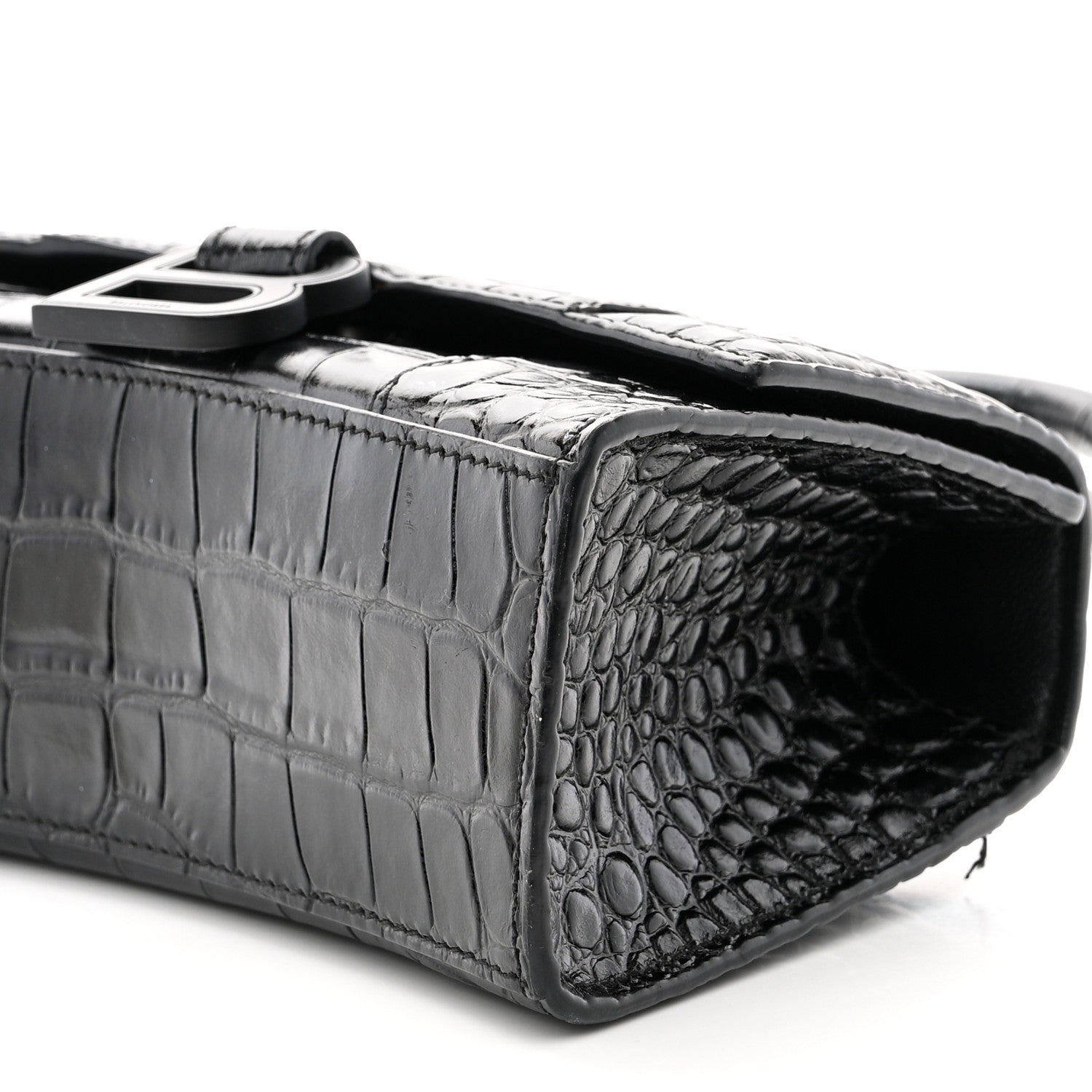 Balenciaga Shiny Calfskin Monochrome Crocodile Embossed Hourglass Top Handle Bag XS Black 9 of 10