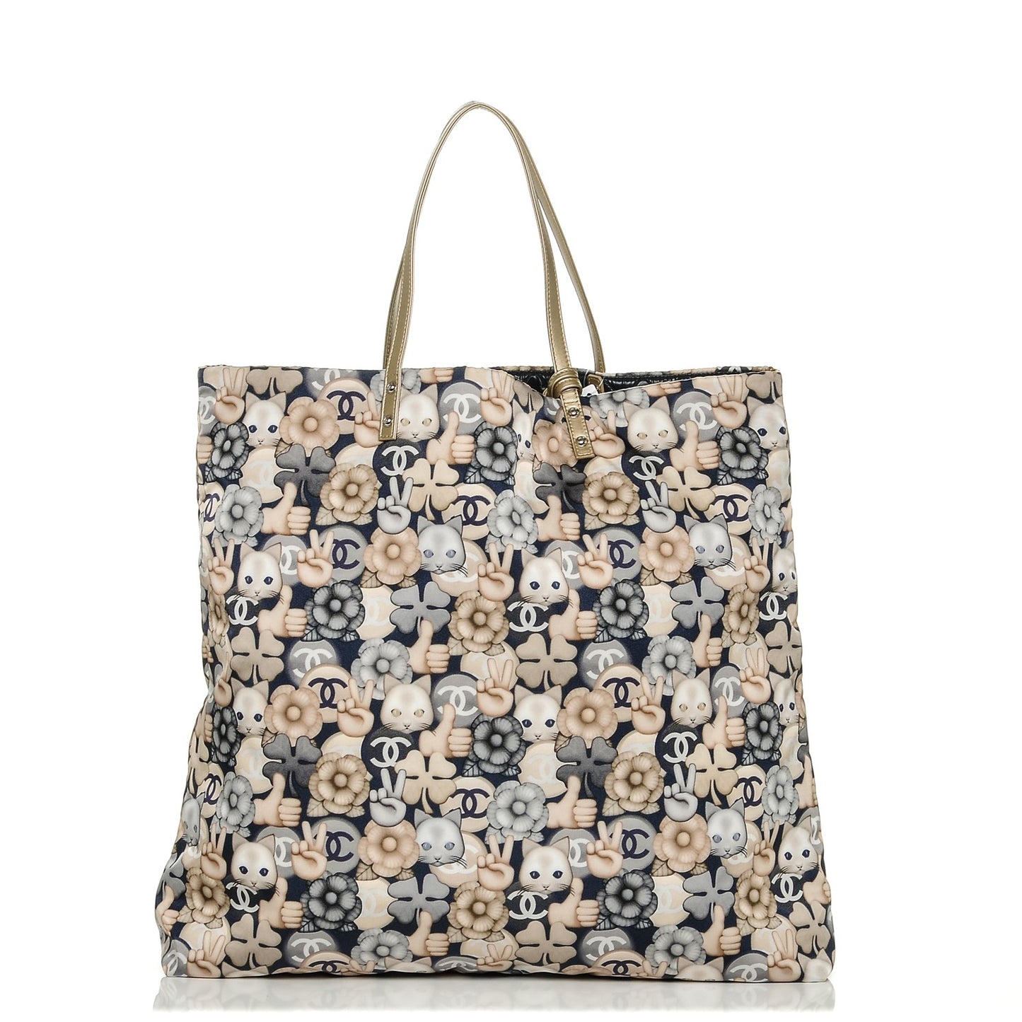 Nylon Cat Emoticon Tote Navy Gold
