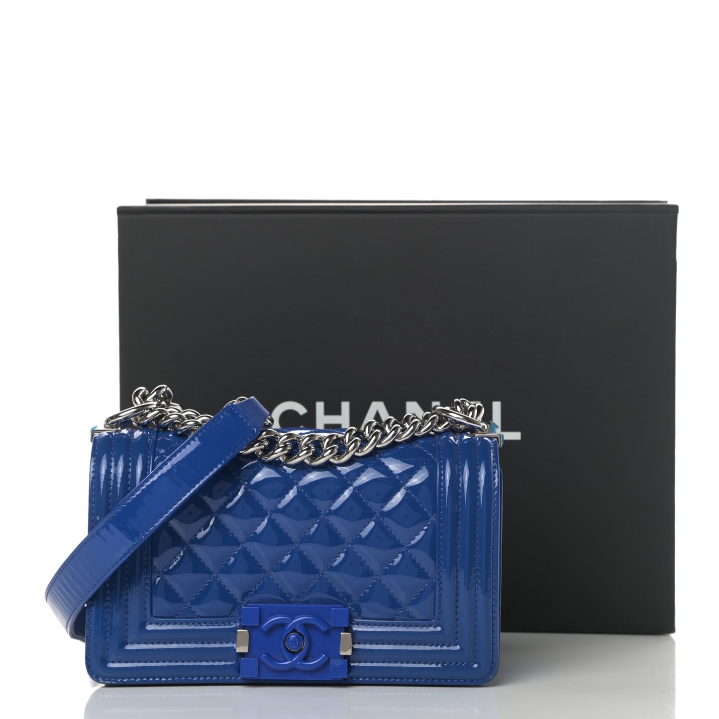 Patent Calfskin Quilted Small Plexiglass Boy Flap Blue