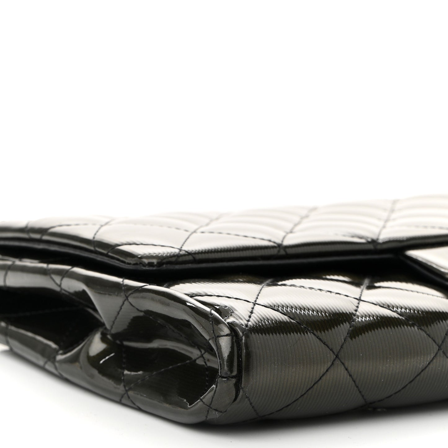 Striated Patent Quilted Clutch With Chain Flap Dark Grey