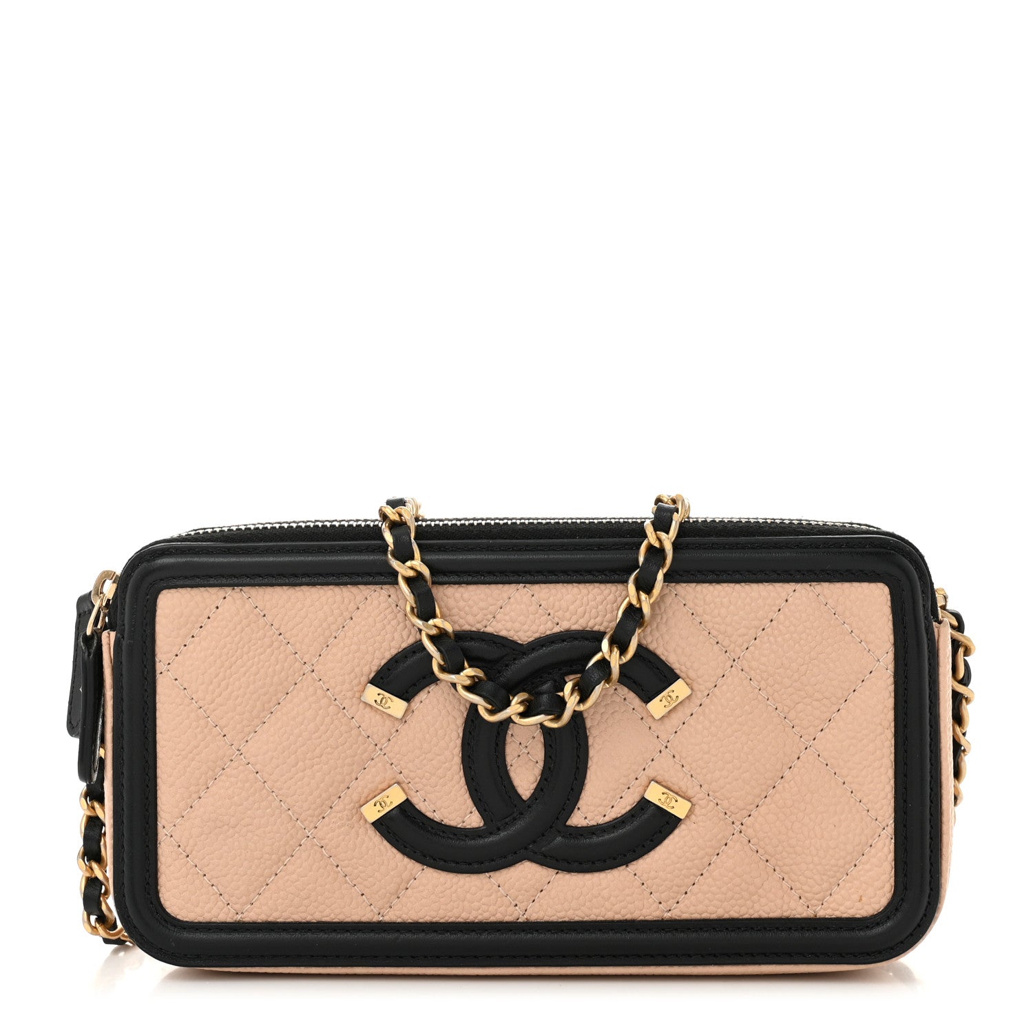 Chanel Caviar Quilted CC Filigree Clutch With Chain Beige Black 1 of 12