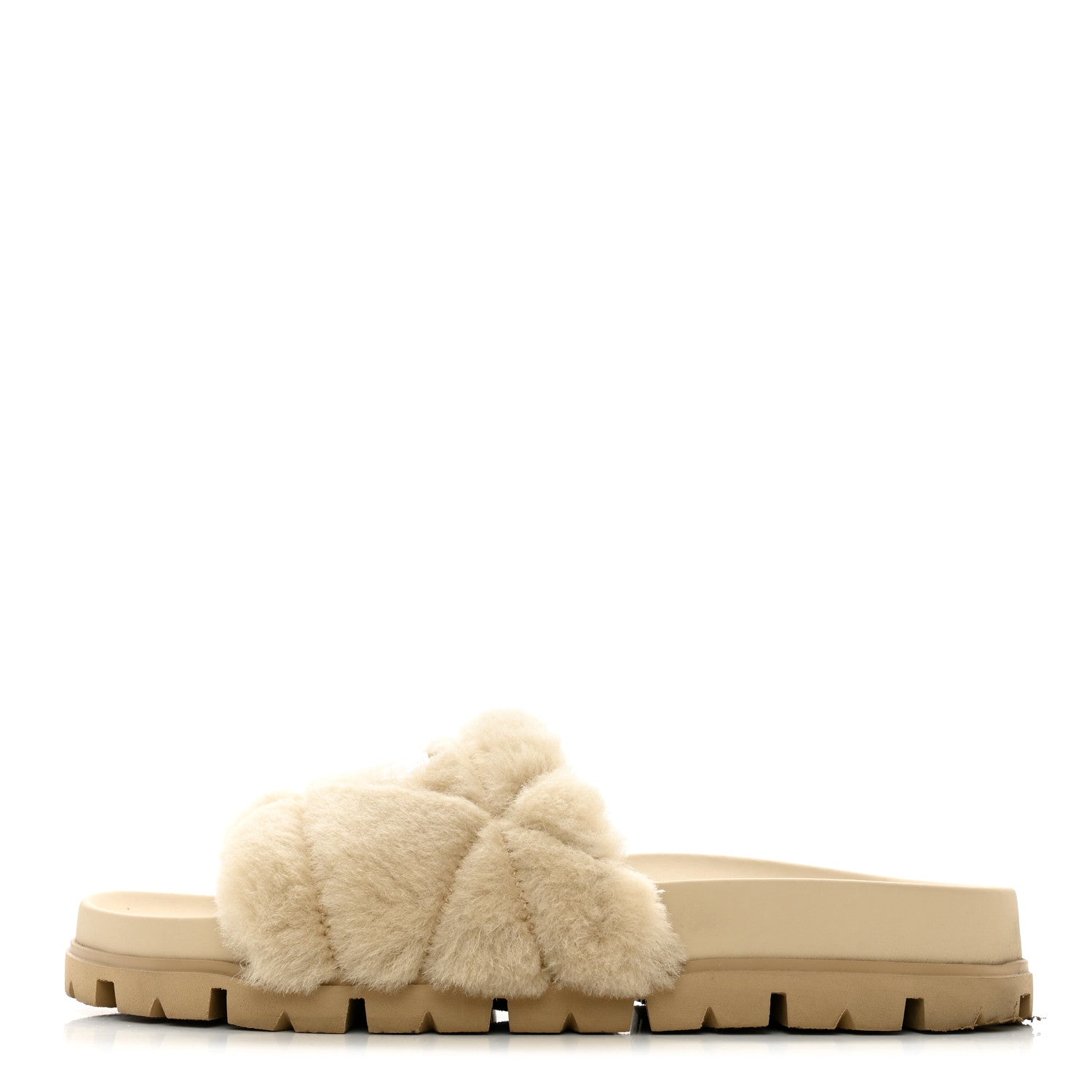 Prada Shearling Metal Triangle Logo Lug Sole 20mm Slide Sandals 36 Ecru 1 of 12