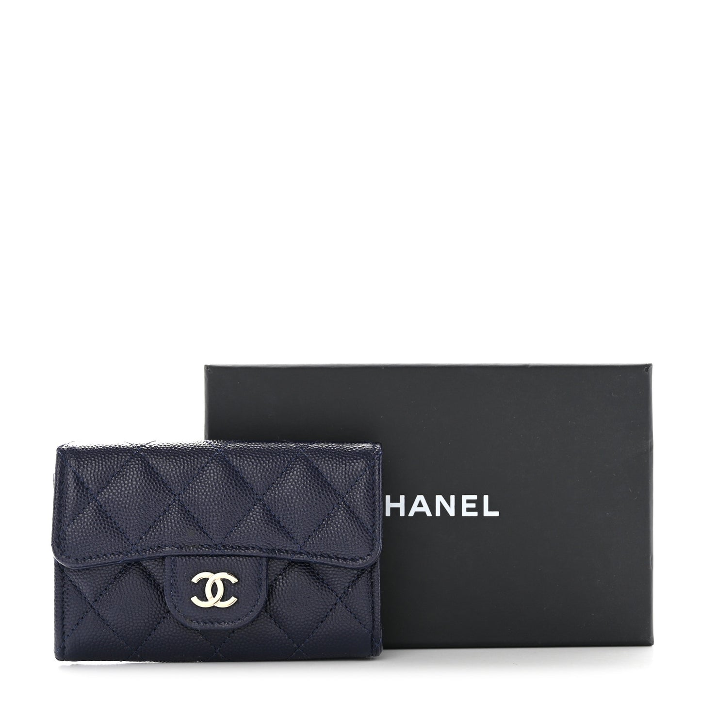 Caviar Quilted Flap Card Holder Wallet Navy Blue