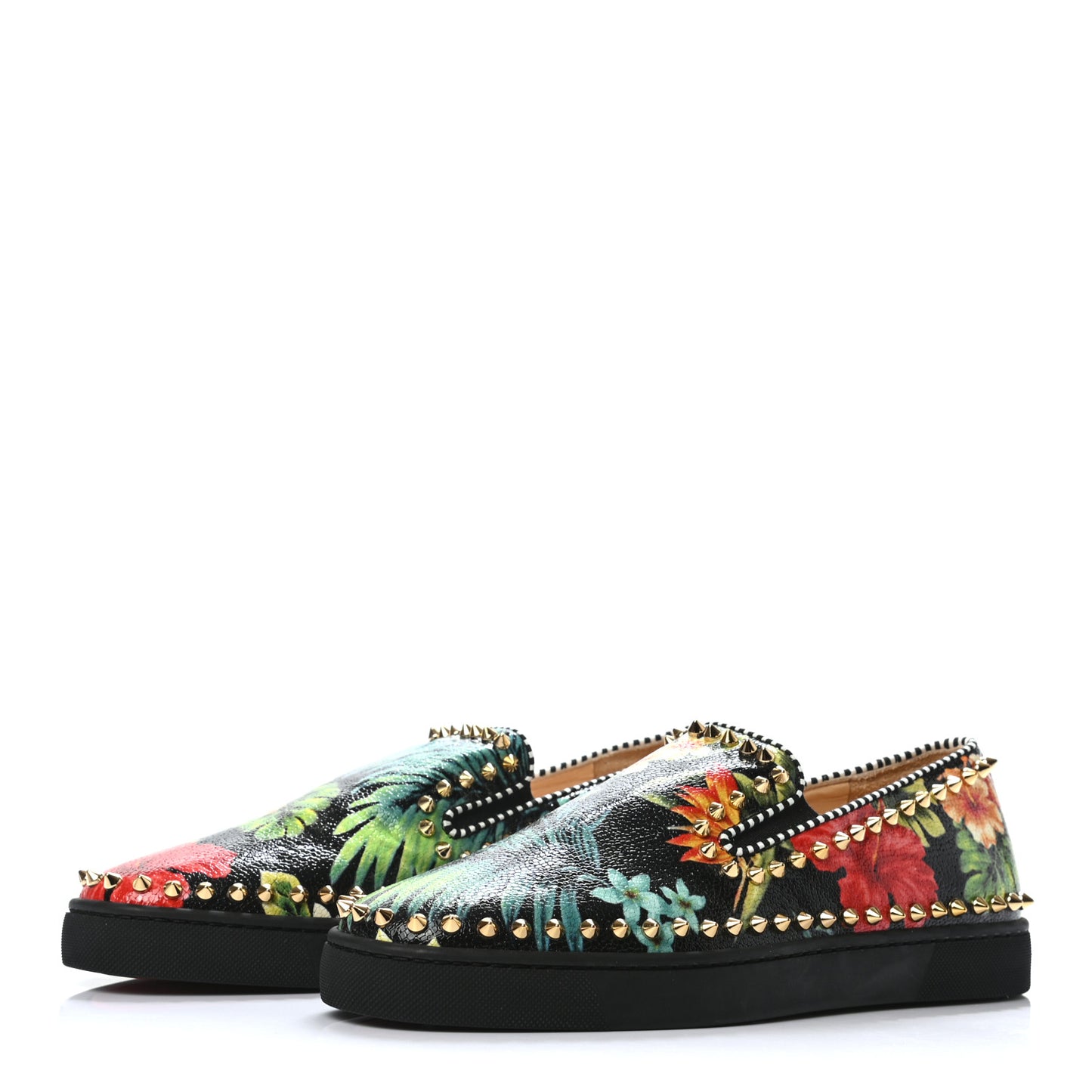 Crackled Calfskin Hawaii Print Mens Spikes Pik Boat Flats 40 Black