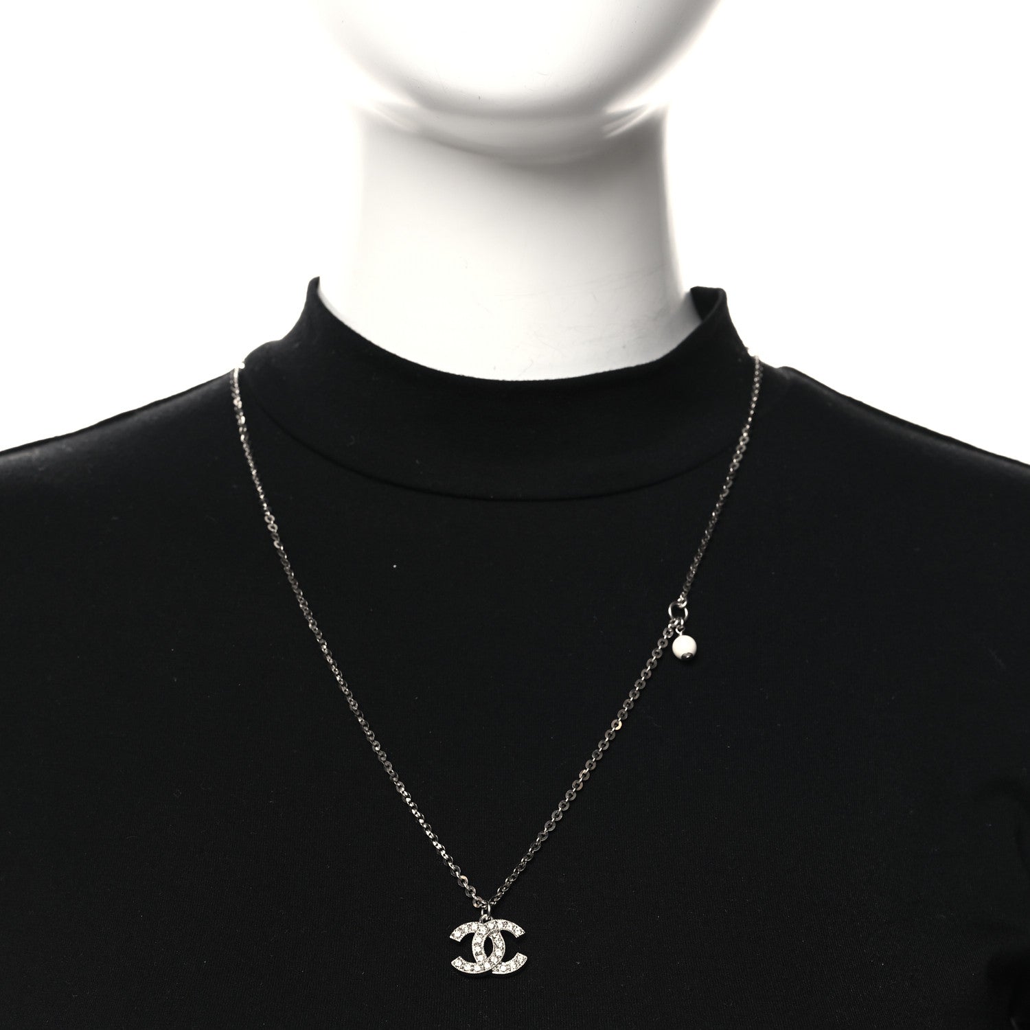 Chanel Pearl Crystal CC Pendant Necklace Silver 2 of 4