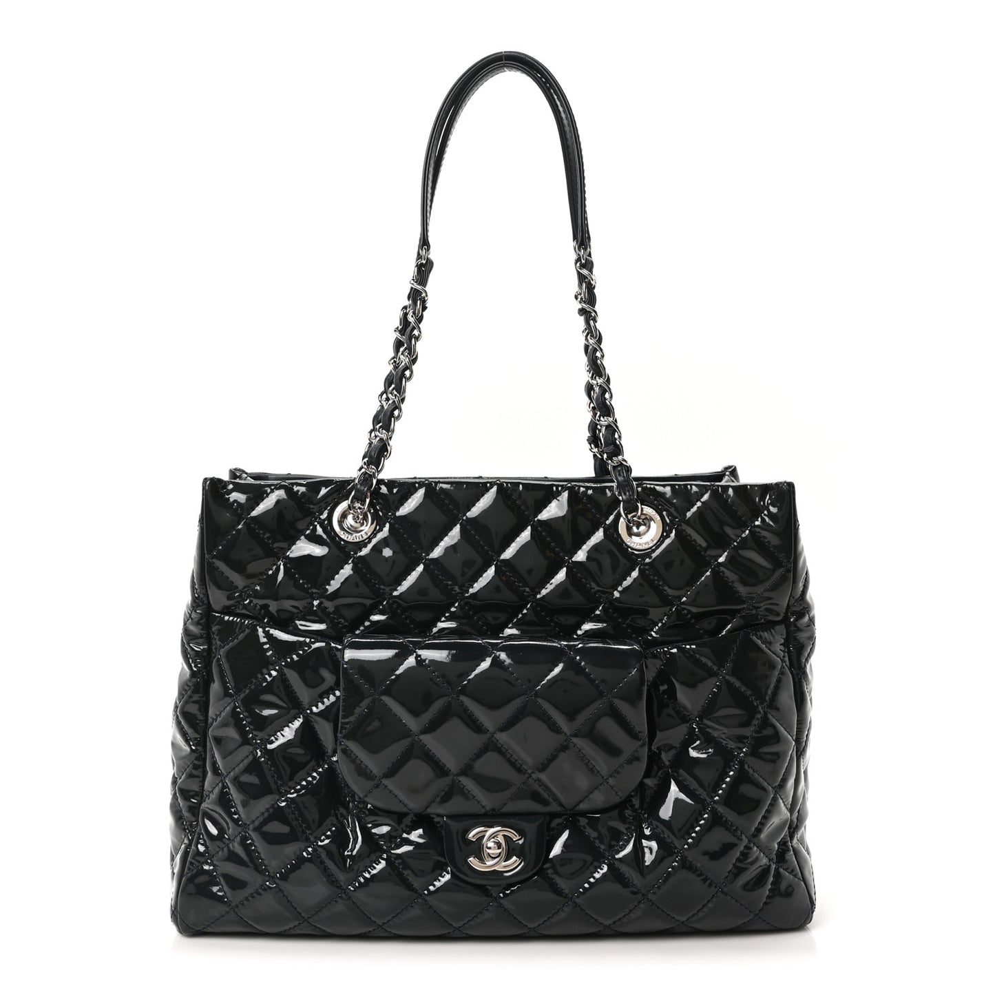 Patent Quilted Large Coco Shine Shopping Tote Navy